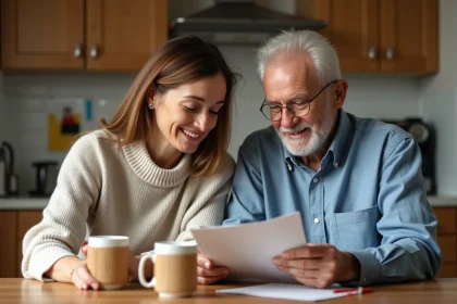 Femme aidant un homme &acirc;g&eacute; &agrave; la cuisine chaleureuse