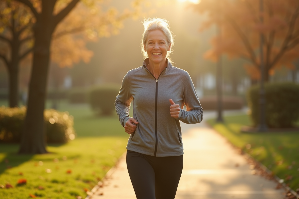Femme senior en jogging dans un parc ensoleille