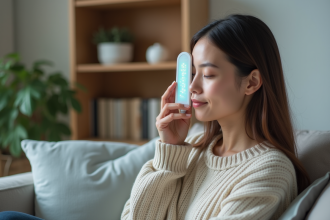 Femme utilisant un panneau LED dans un salon moderne