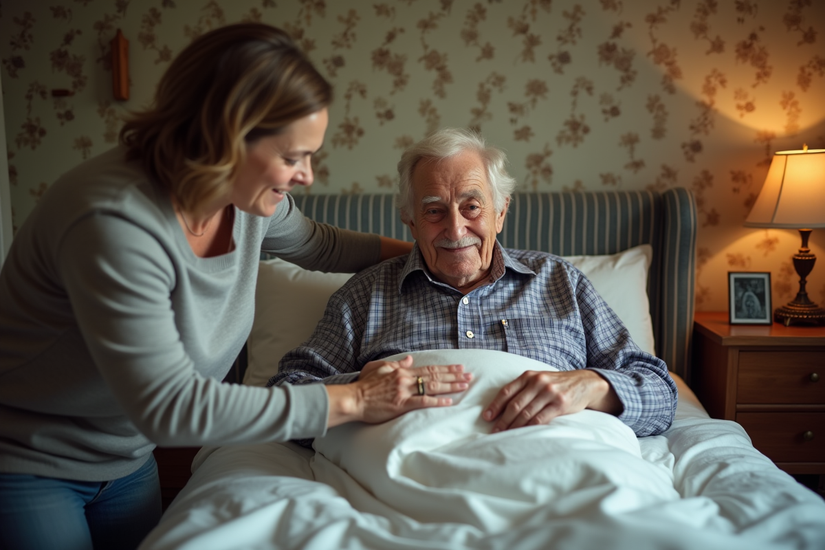 Fille repositionnant son père dans un lit à la maison
