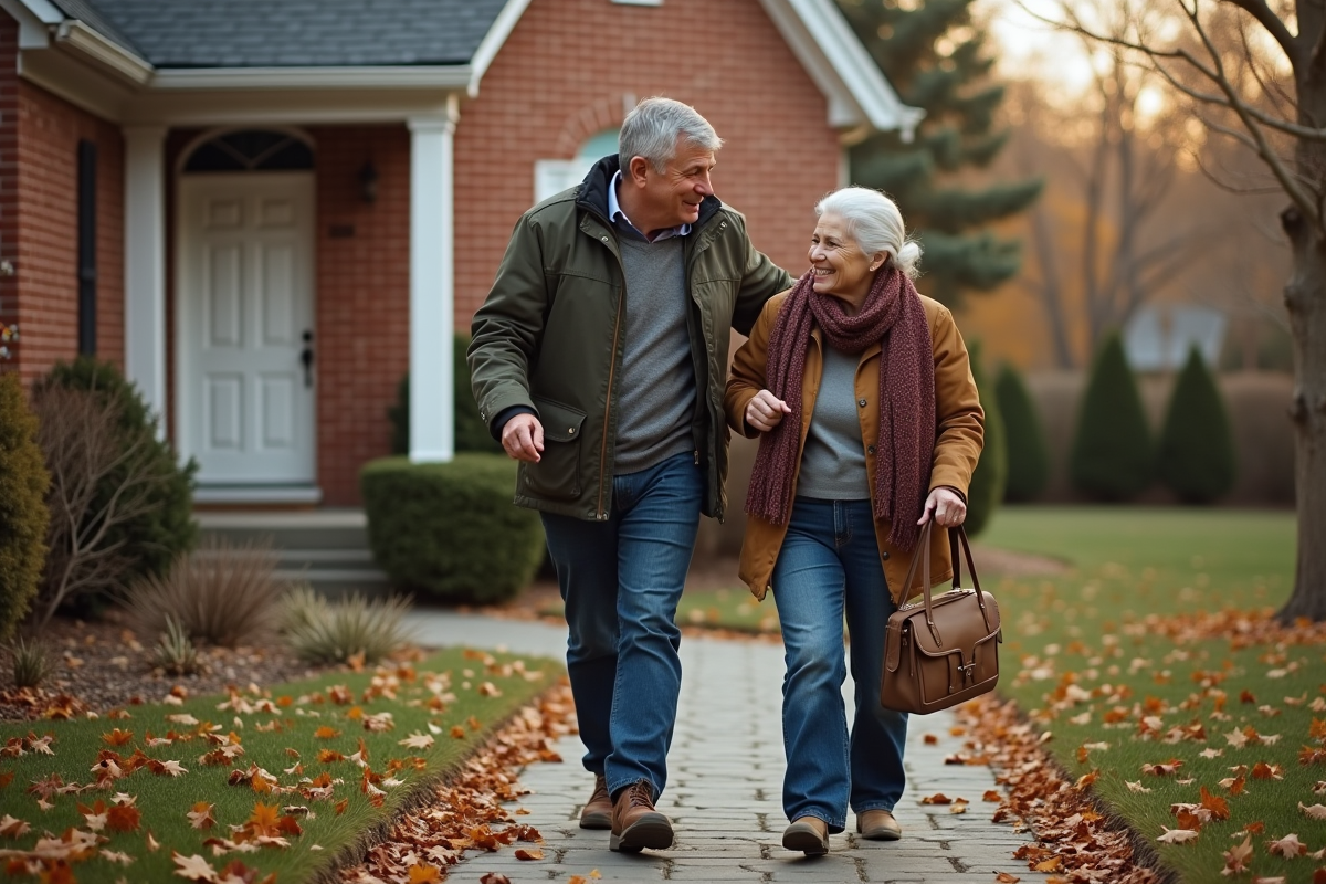 Fils aidant sa mère à descendre le pas de la maison