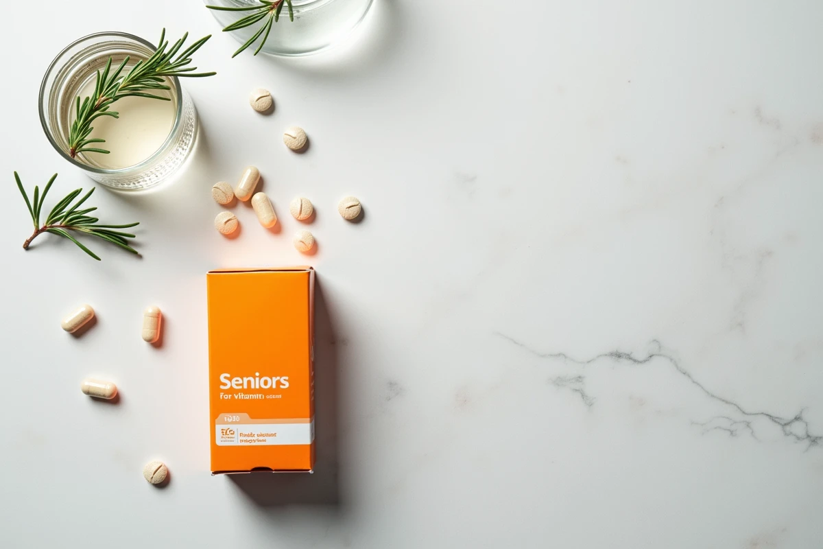 Mise en scène flat-lay de gélules Azinc Senior avec boîte et verre d'eau sur comptoir en pierre