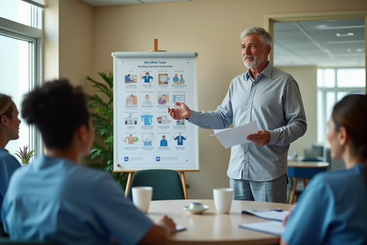 Formateur présentant les principes de la charte de la personne âgée à une équipe soignante lors d'une session de formation en établissement