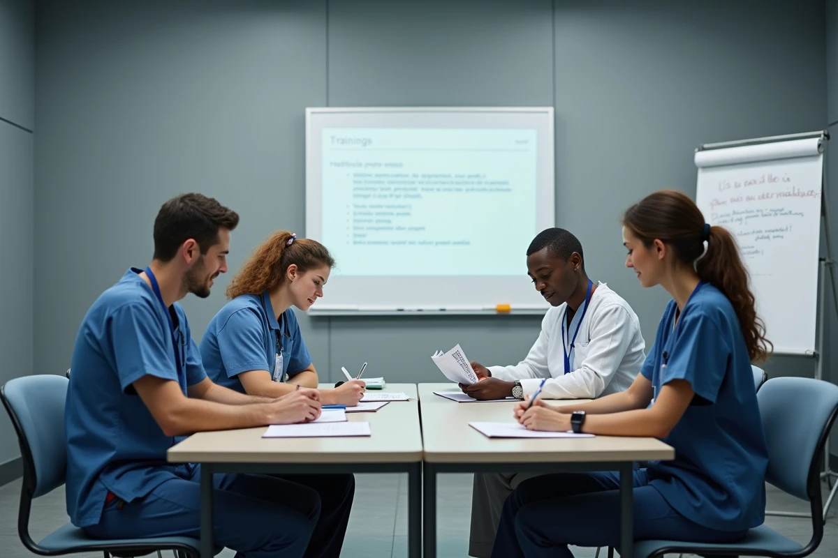 Équipe soignante en formation autour de la charte des droits de la personne âgée, prenant des notes dans une salle de formation professionnelle