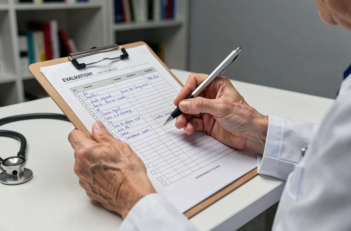Médecin gériatre remplissant une grille d'évaluation AGGIR pour déterminer le niveau de dépendance d'un patient âgé