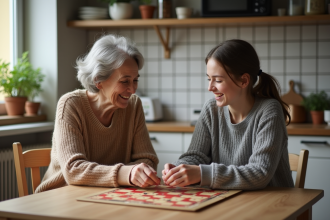 Une femme agee souriante avec une adolescente jouant à un jeu de société