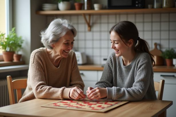 Une femme agee souriante avec une adolescente jouant à un jeu de société