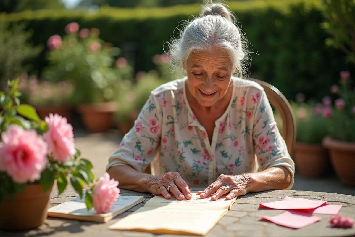 Mamie assise dans un jardin fleuri découpant des vers manuscrits pour composer un poème acrostiche sur du papier parchemin