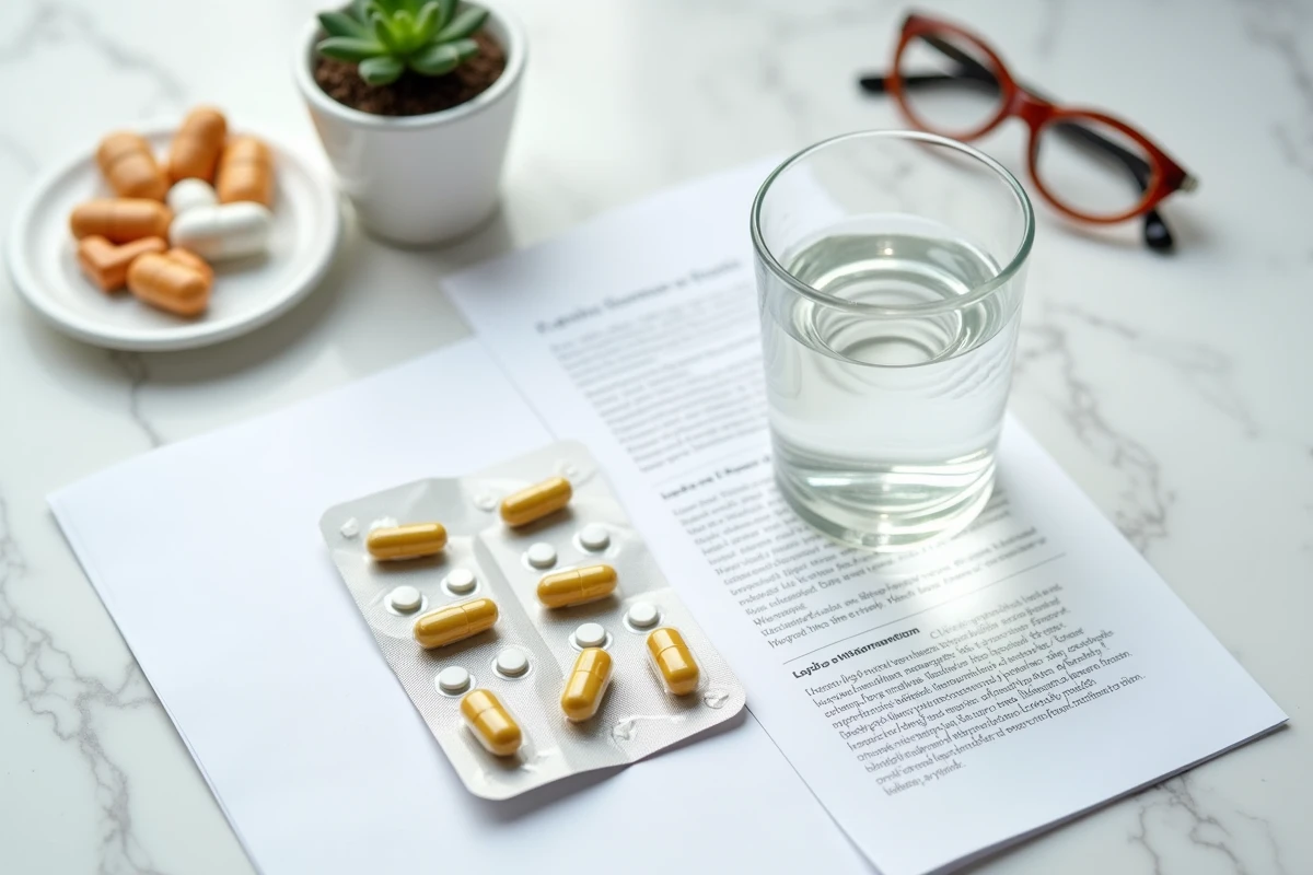 Gros plan d'une plaquette de compléments alimentaires Bion 3 Senior avec notice d'information sur un comptoir en marbre blanc