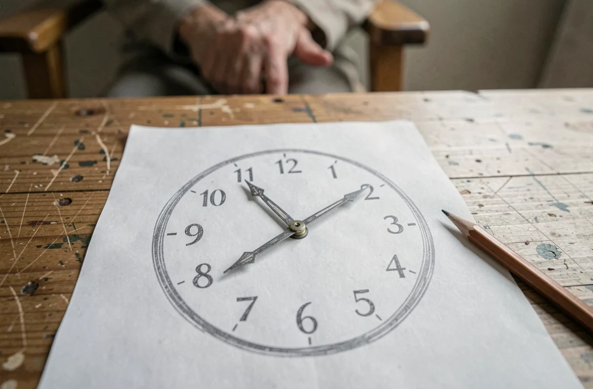 Gros plan sur un test de l'horloge dessiné à la main avec des erreurs visibles, posé sur une table en bois lors d'un bilan cognitif