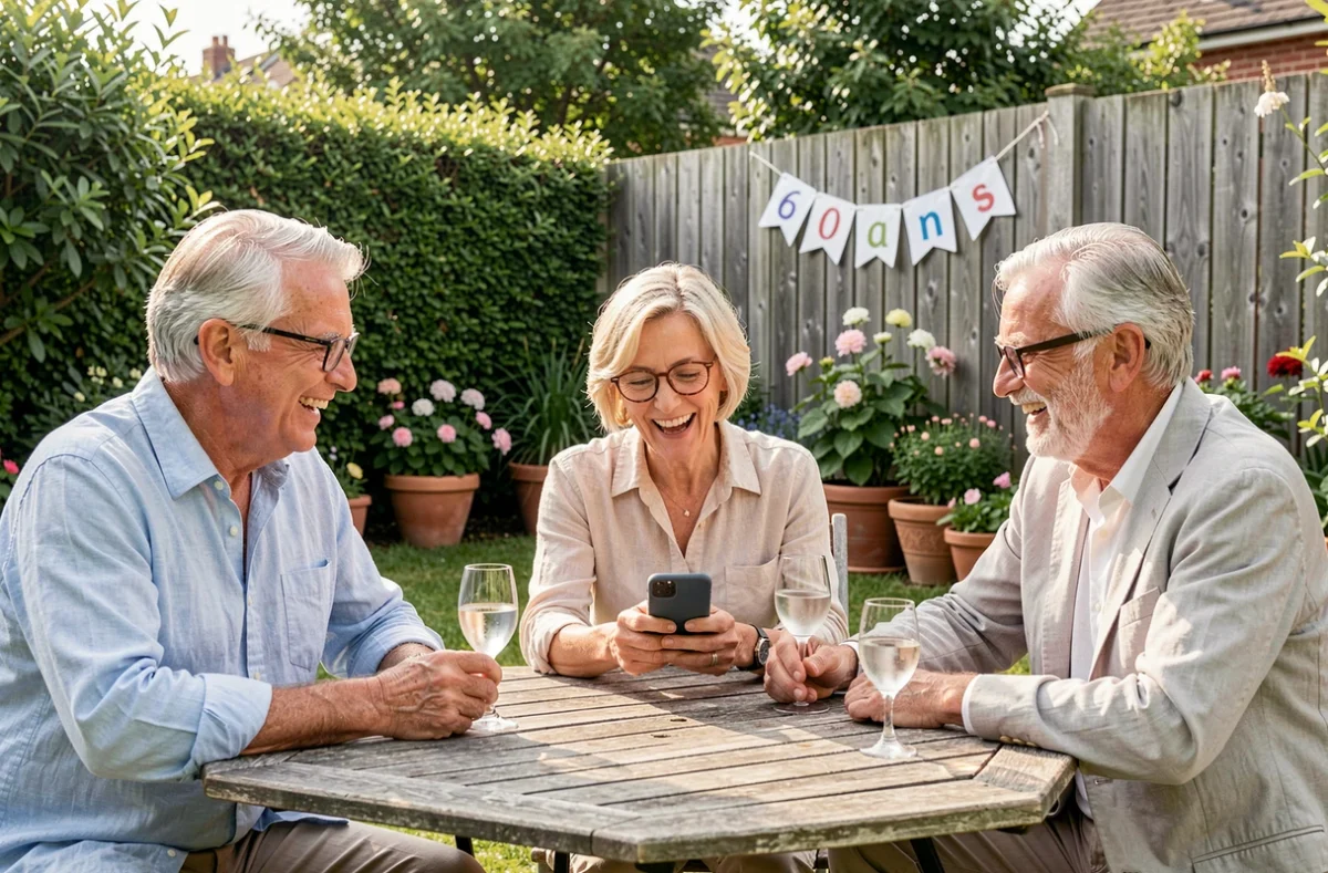 Groupe d'amis d'environ 60 ans qui rient ensemble en lisant un message d'anniversaire humoristique dans un jardin fleuri