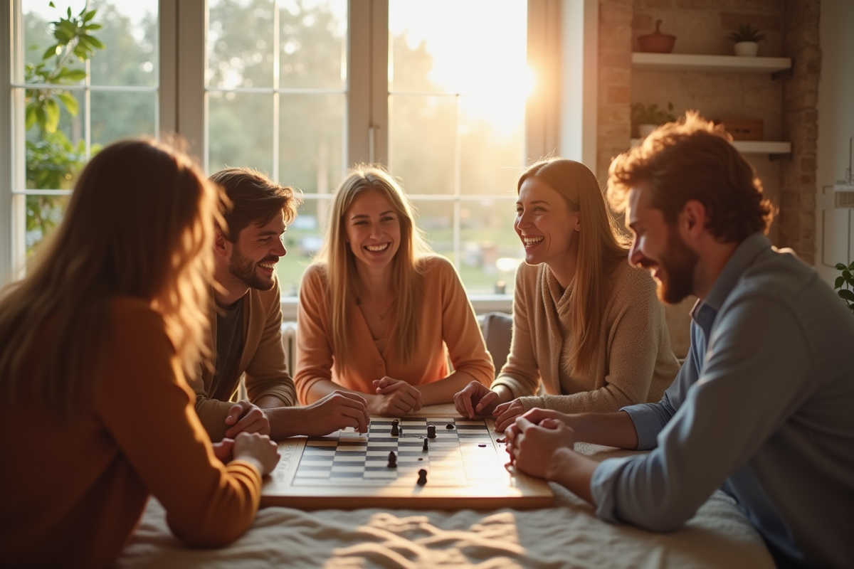 Groupe d'amis jouant à un jeu de société dans un salon lumineux