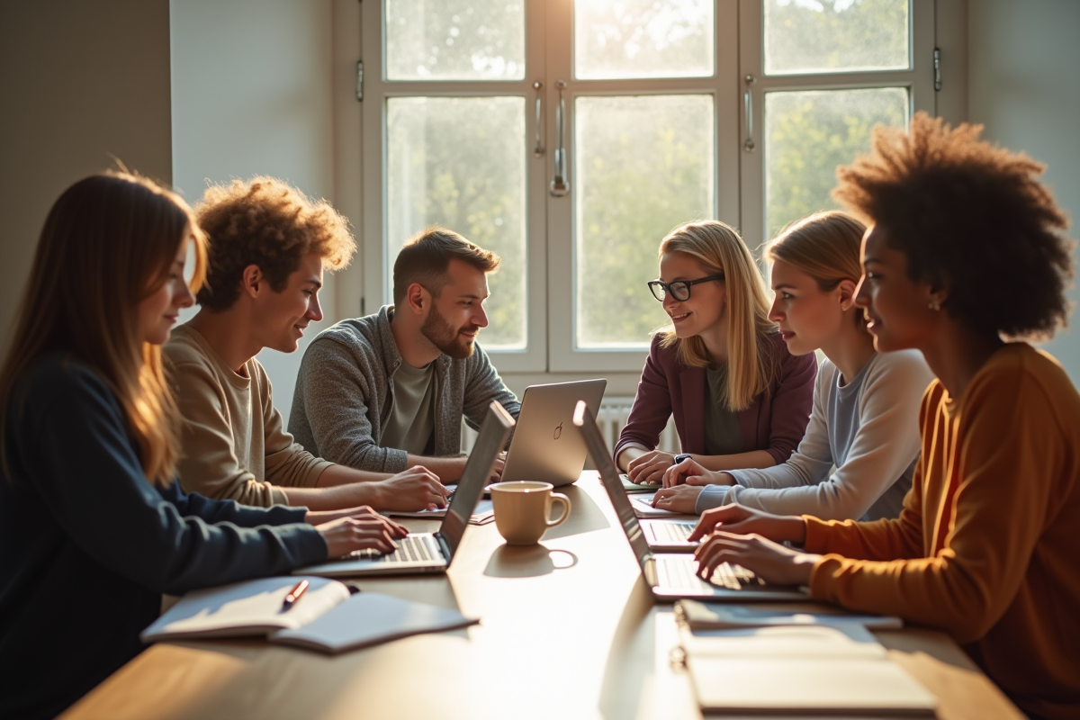 Groupe de personnes apprenant en ligne autour d'une table lumineuse