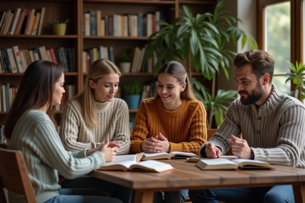 Groupe de personnes discutant autour d'une table à la maison