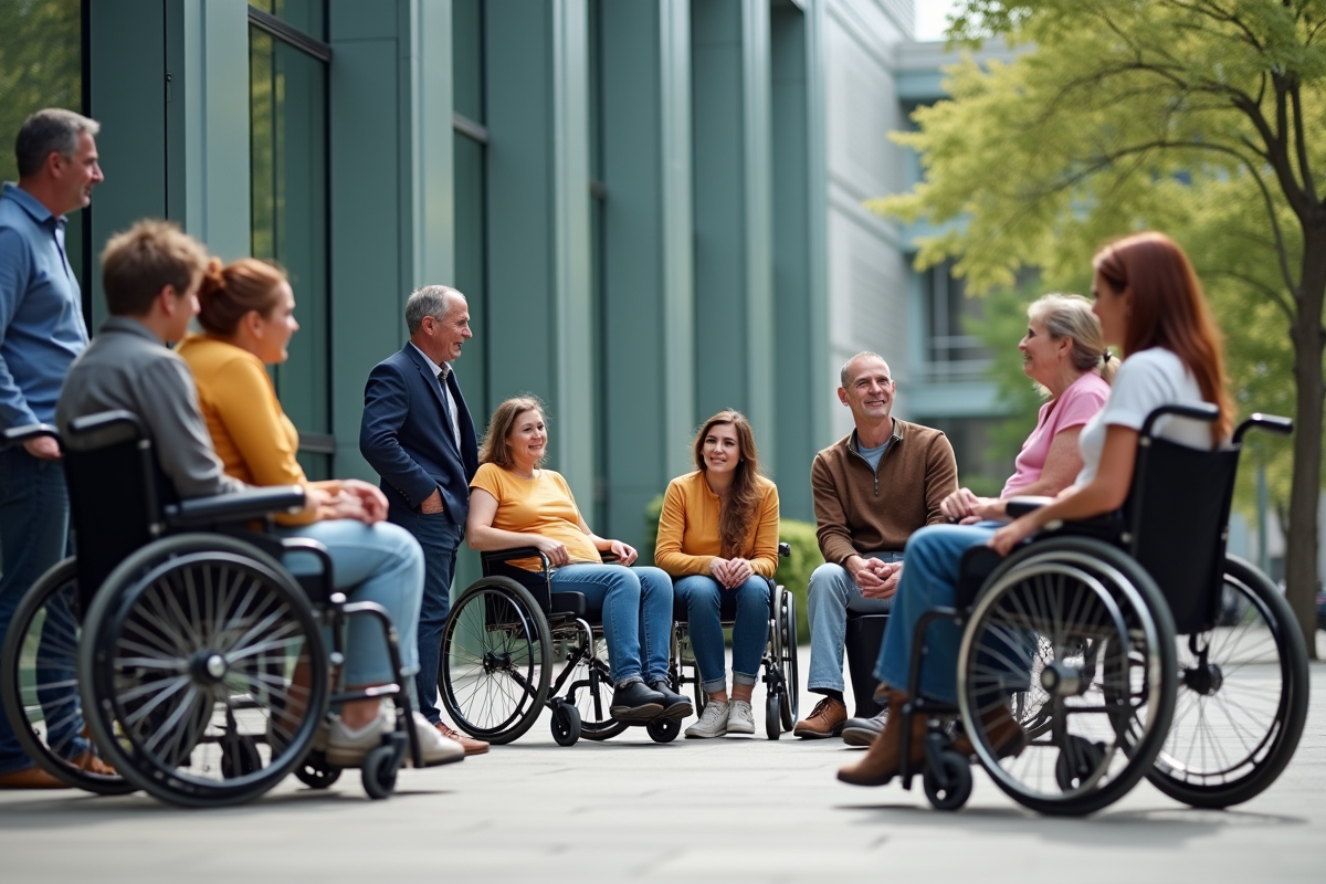Groupe diversifié avec handicaps devant bâtiment moderne