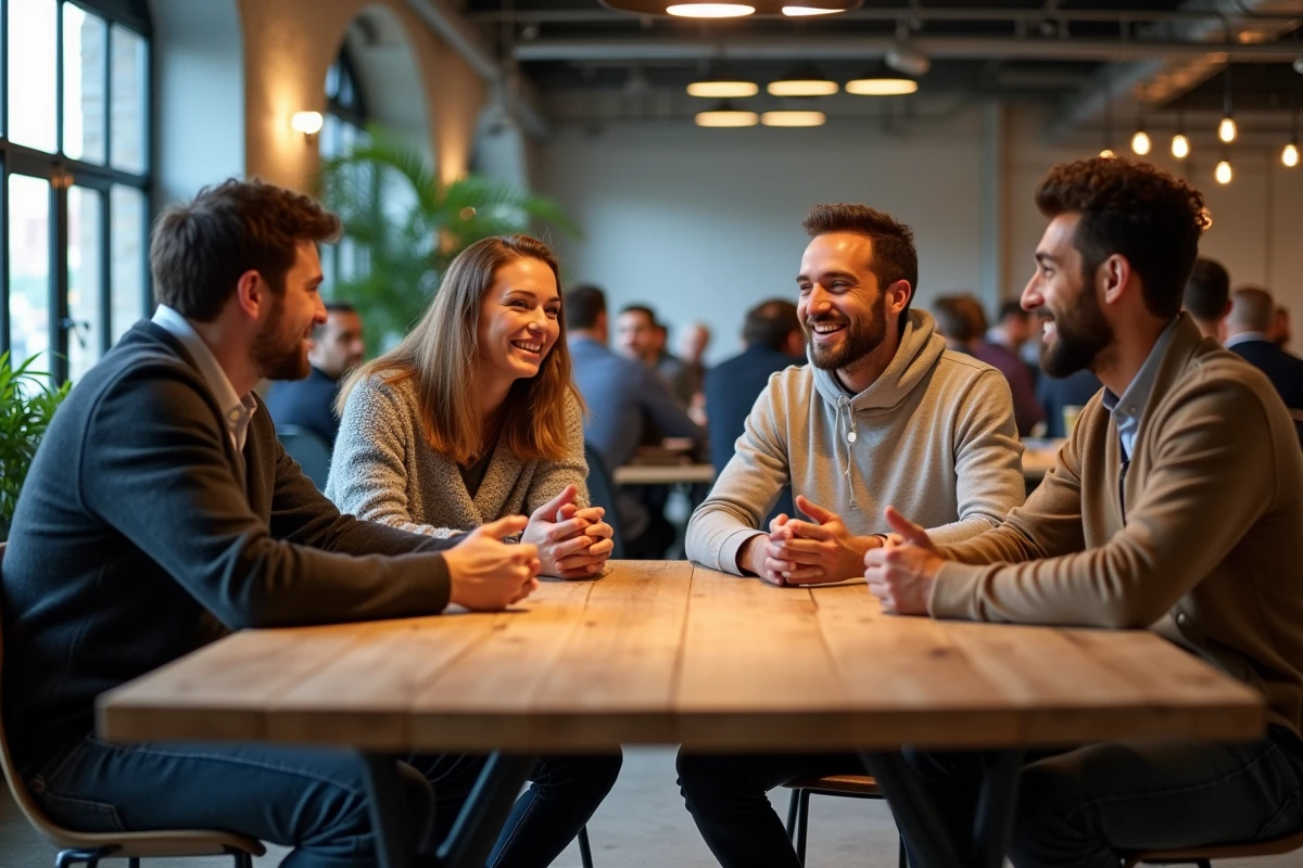 Groupe de personnes souriantes en conversation lors d'un événement de rencontres amicales à Lyon