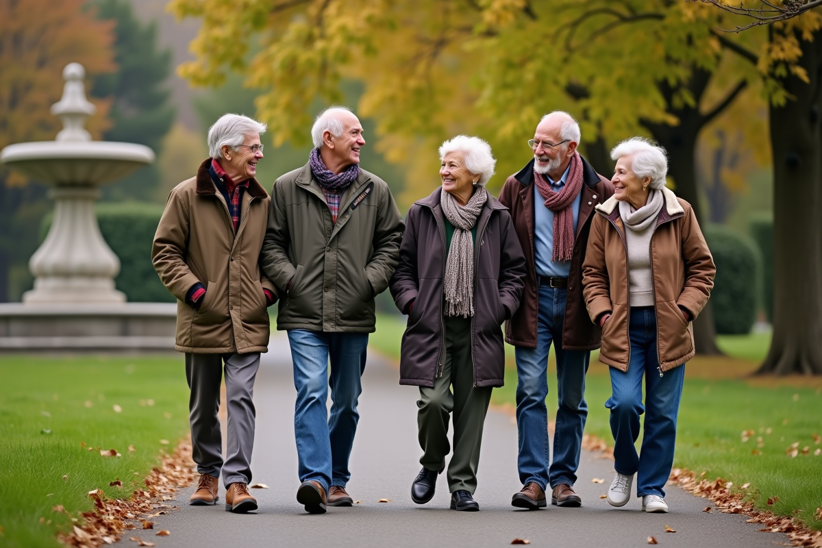 Groupe de seniors marchant dans un parc en automne