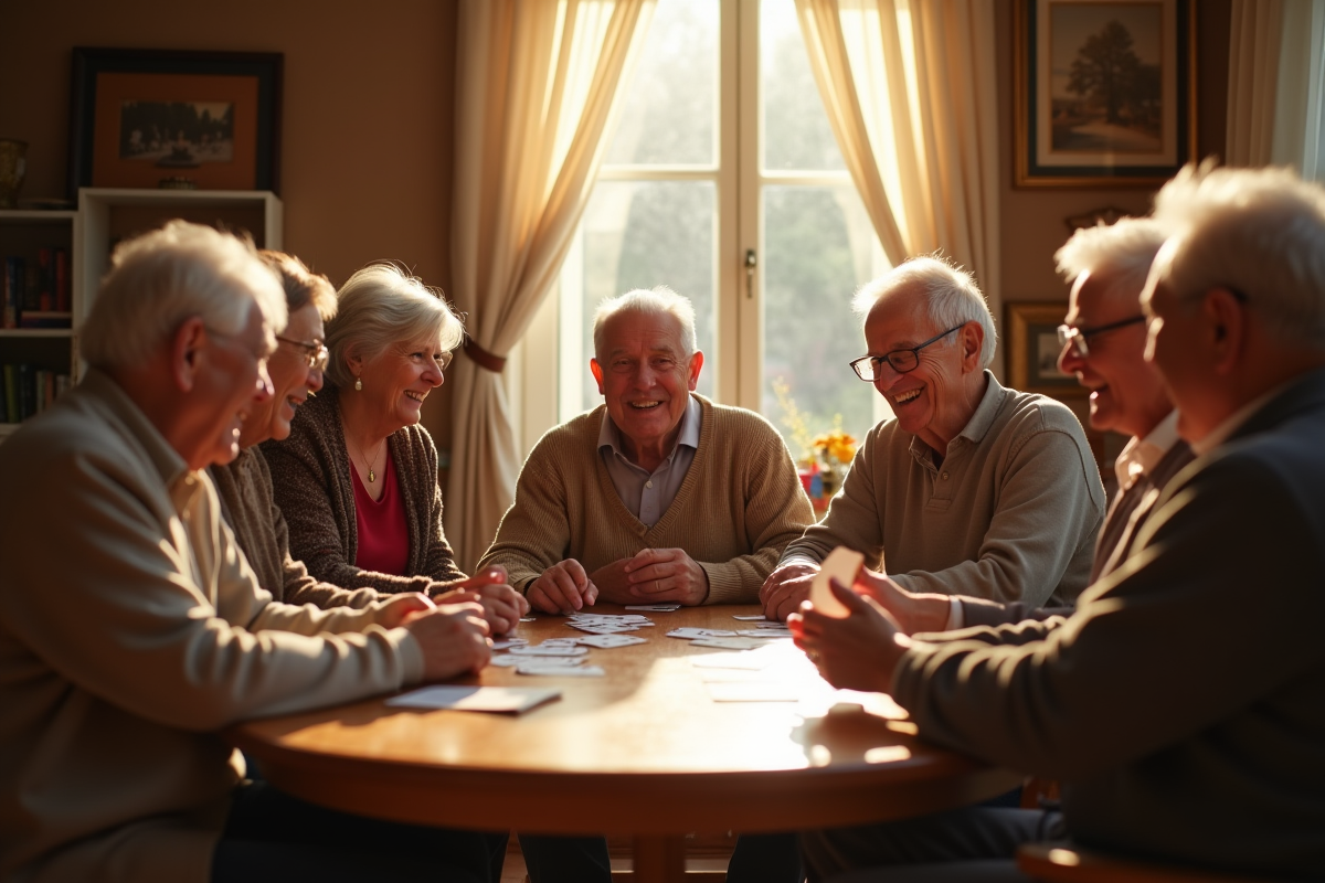 Groupe de seniors jouant aux cartes dans un salon lumineux