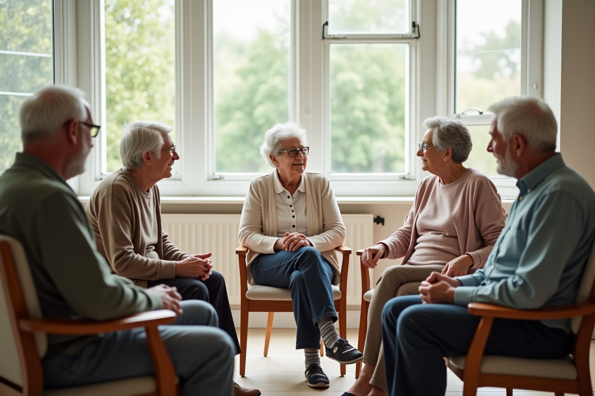 Groupe de seniors en séance de thérapie en salle lumineuse