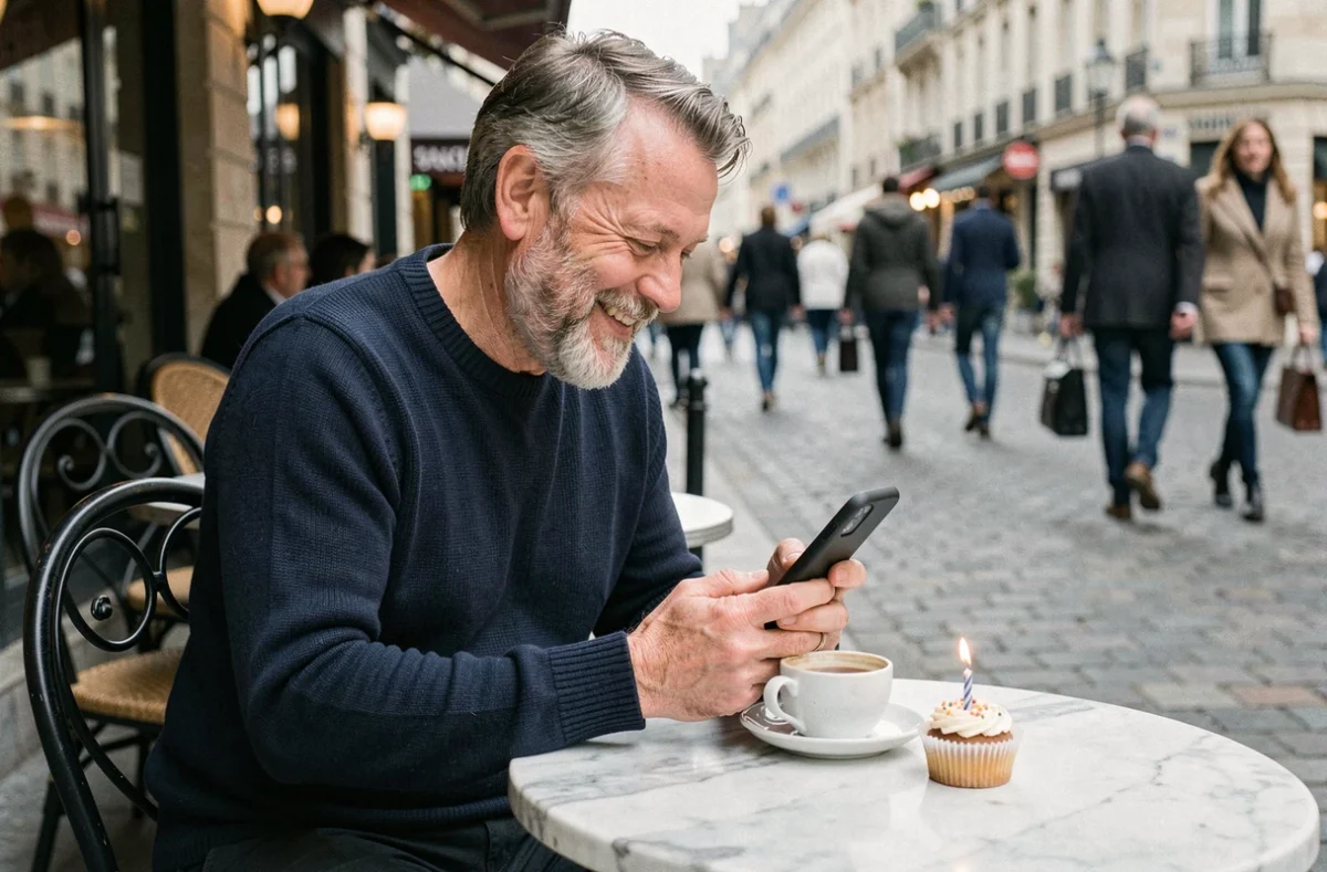 Homme d'une soixantaine d'années souriant à son téléphone en lisant un SMS d'anniversaire amusant à la terrasse d'un café parisien