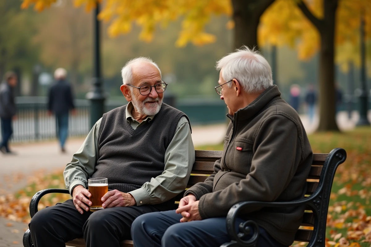 Homme âgé discutant sur un banc en parc automnal