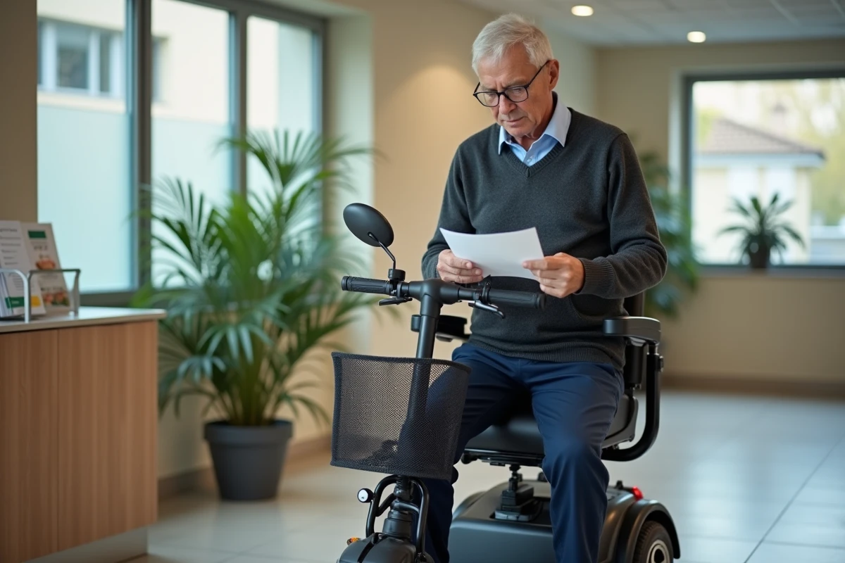 Homme âgé avec un scooter électrique PMR dans une salle d'attente médicale, symbolisant les démarches de remboursement et d'aides financières