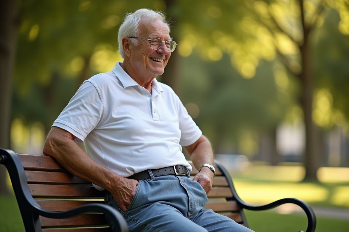 Homme age souriant ajustant son pantalon haut sur un banc