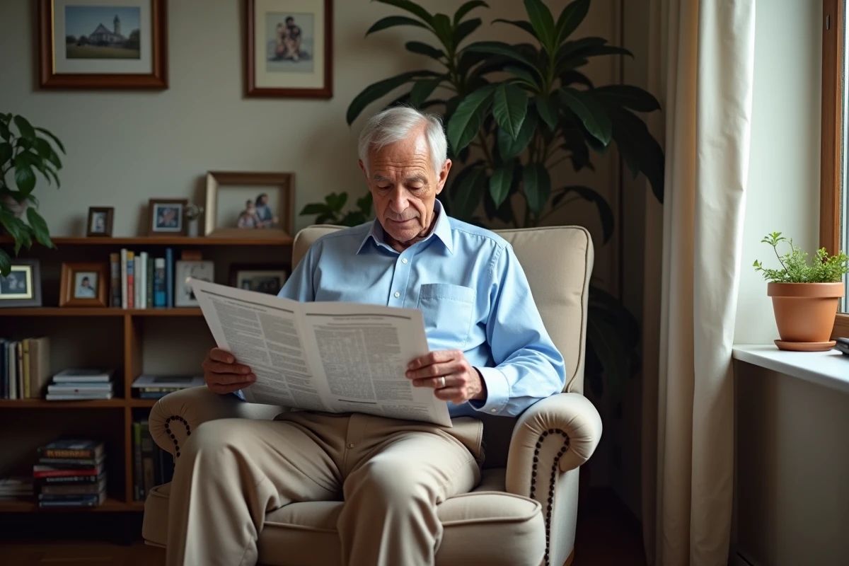 Homme âgé concentré sur une grille de mots croises