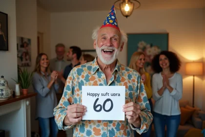 Homme souriant avec chapeau rigolo et carte d'anniversaire