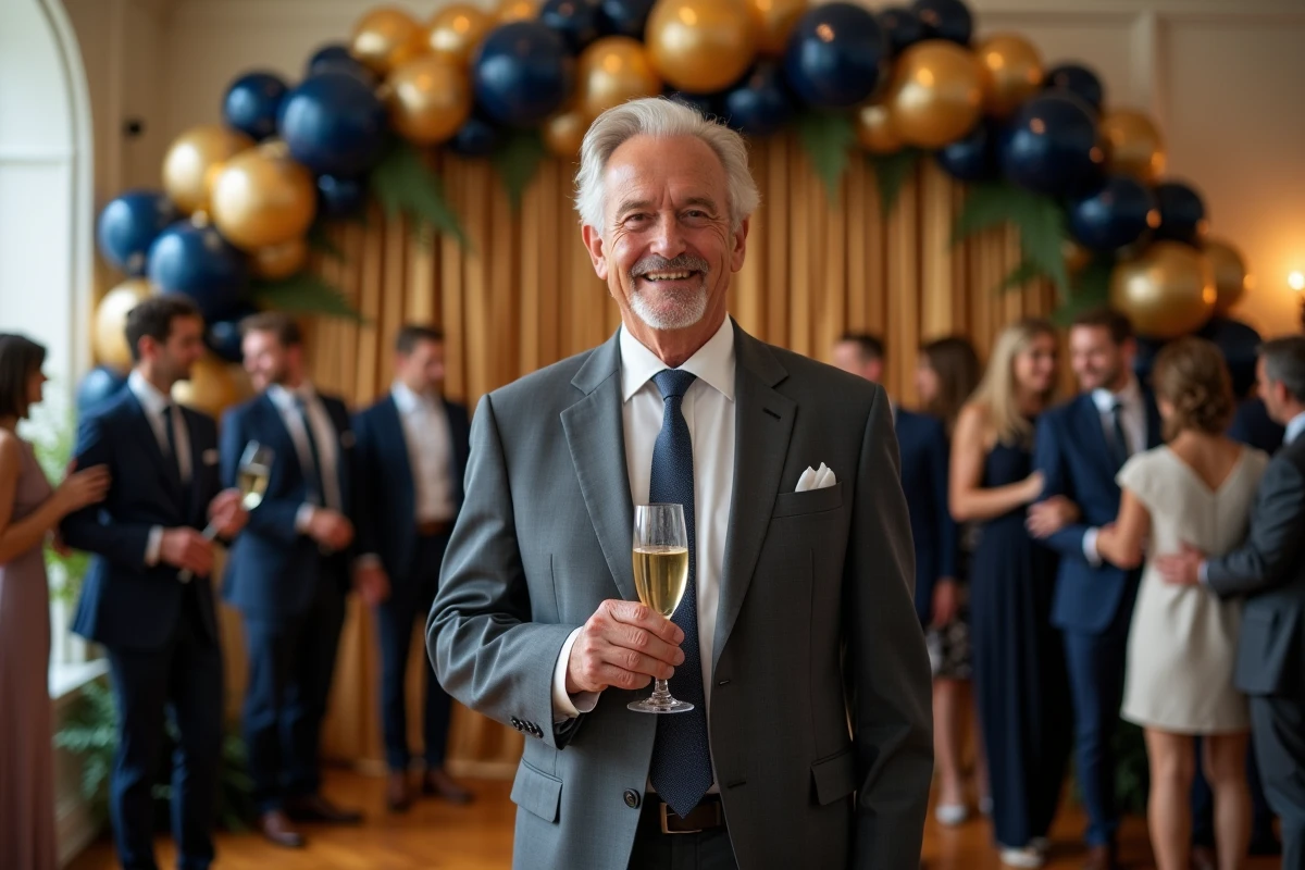 Homme élégant de 70 ans devant une arche de ballons bleu marine et or lors de son anniversaire