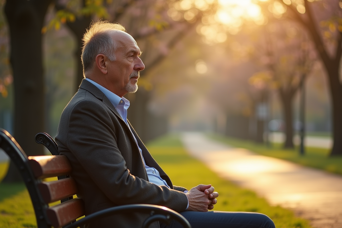 Homme mature assis seul sur un banc de parc au matin