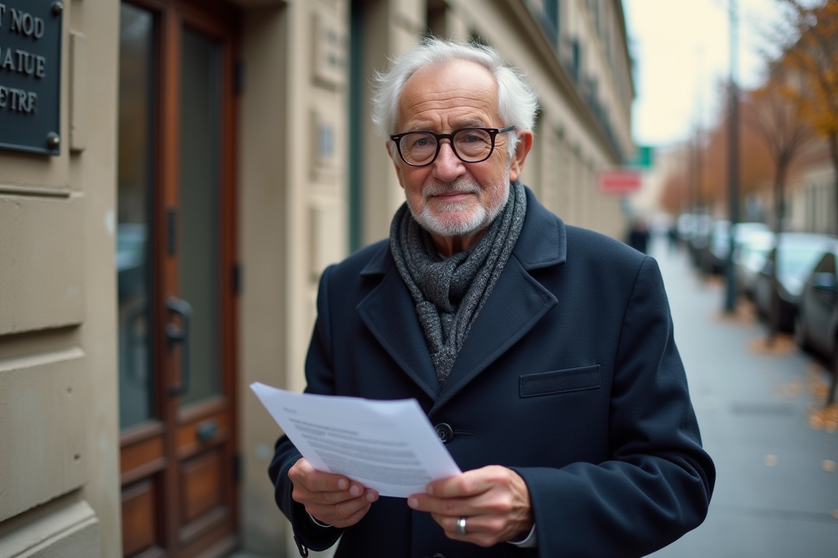 Homme âgé avec enveloppe devant un bâtiment administratif