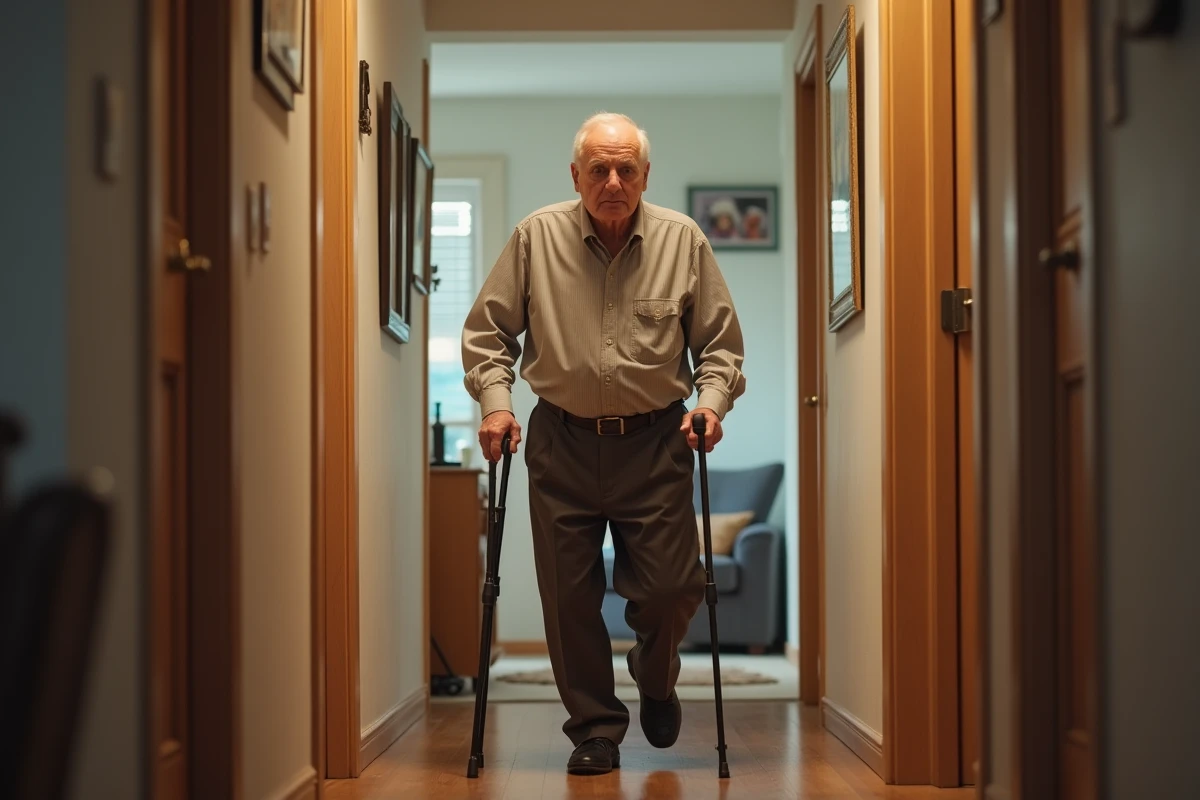Homme âgé utilisant une canne dans un couloir