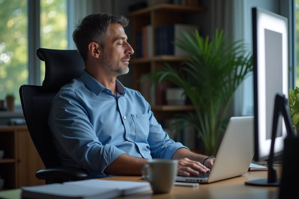 Homme au bureau avec lampe de thérapie et environnement cosy
