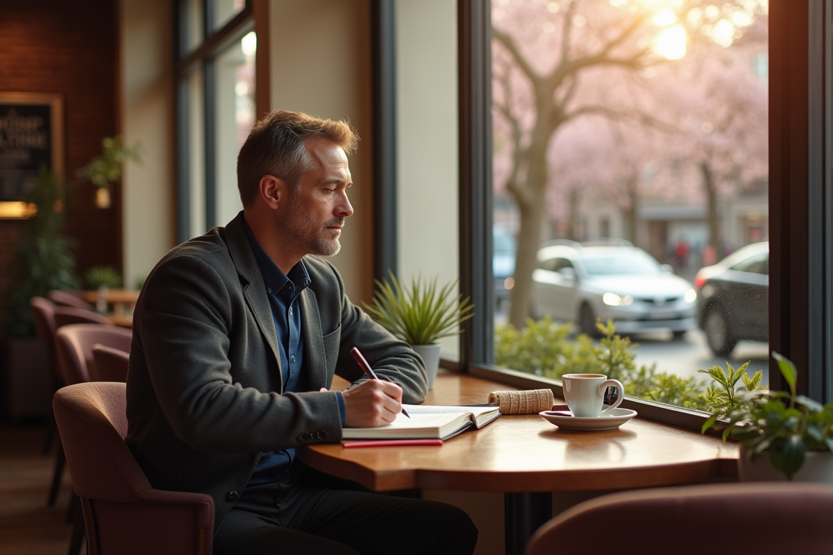 Homme écrivant dans un café avec vue sur un parc fleuri