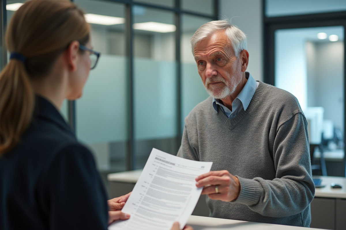Homme âgé remettant un formulaire d