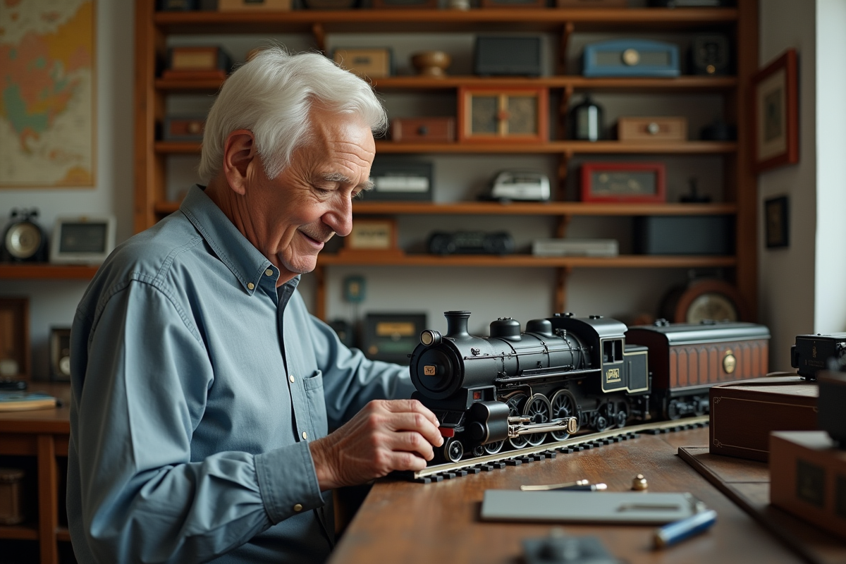 Homme âgé admire un train miniature dans sa collection