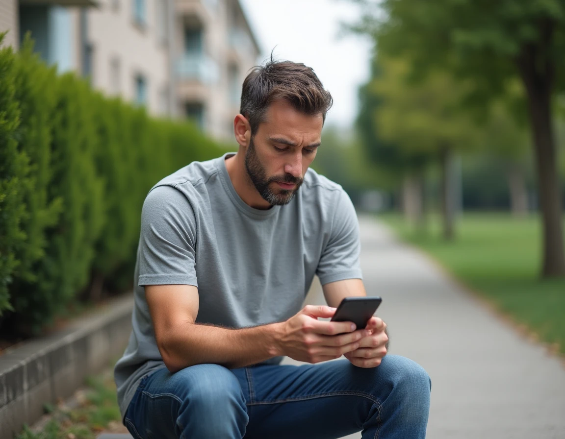 Un homme aux revenus modestes consulte les aides chèque-vacances Agirc Arrco sur son smartphone dans un parc urbain