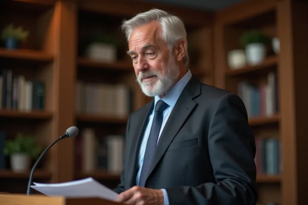 Homme d'âge mûr en costume lisant un discours émouvant