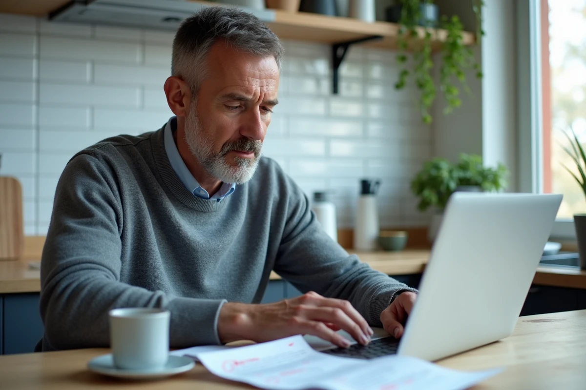 Homme vérifiant son dossier incomplet de chèque vacances Scolinfo sur ordinateur portable