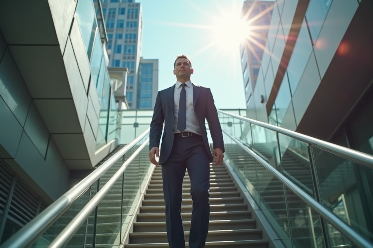 Homme d affaires montant une escalier moderne en ville