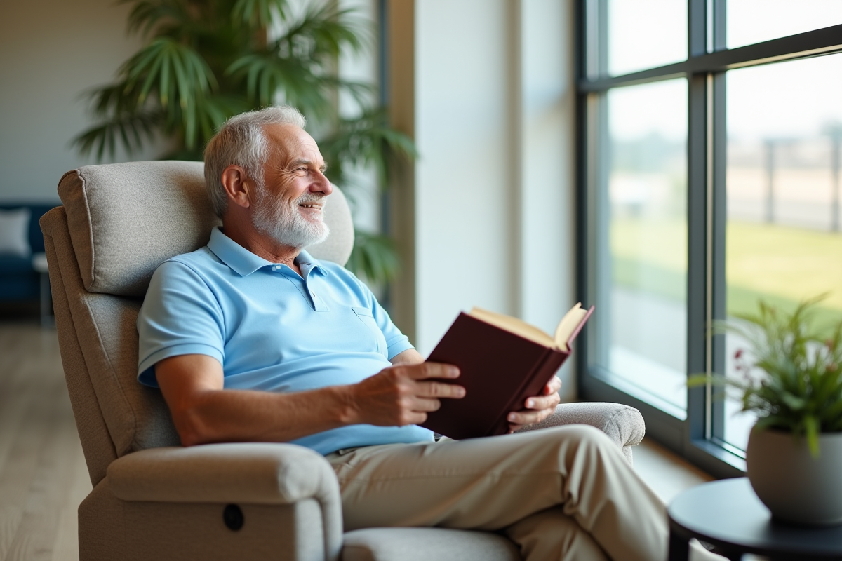 Homme âgé lisant un livre dans un fauteuil moderne