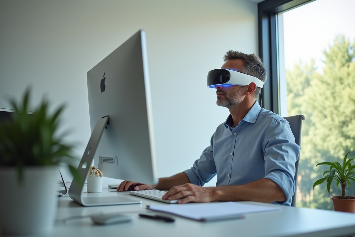 Homme posant un masque LED sur ses yeux au bureau