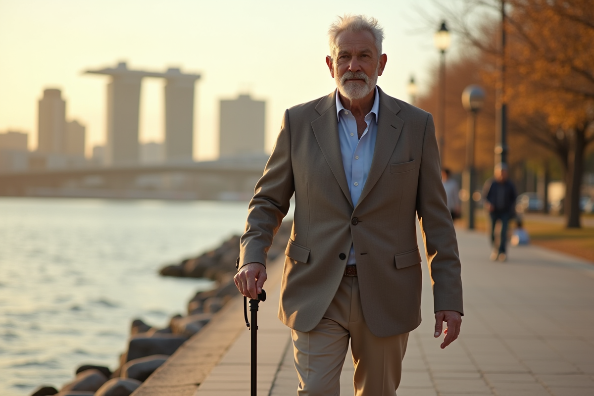 Homme d age marche confiant le long d une promenade urbaine au bord de l eau