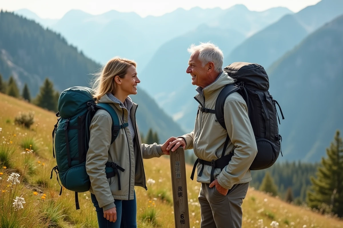 Homme pr&eacute;parant son sac en montagne avec paysage alpin