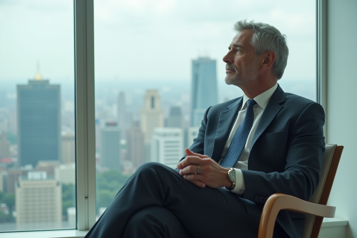 Homme en costume dans un bureau lumineux regardant par la fenêtre
