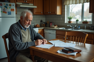 Homme âgé pensif avec factures sur la table
