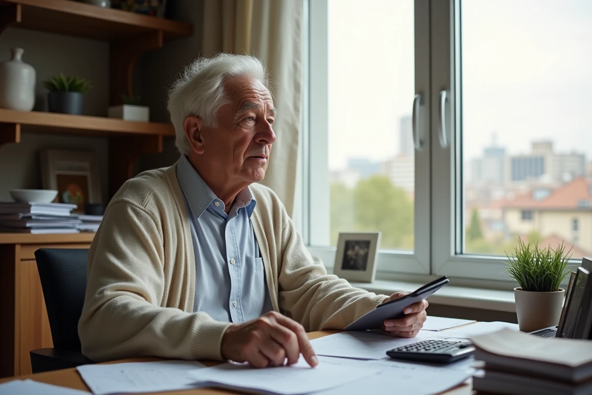 Homme retraité étudiant ses impôts à son bureau