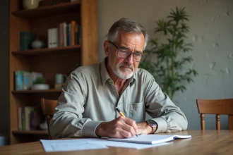 Homme d'âge moyen étudiant ses papiers de retraite