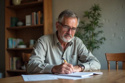Homme d'&acirc;ge moyen &eacute;tudiant ses papiers de retraite